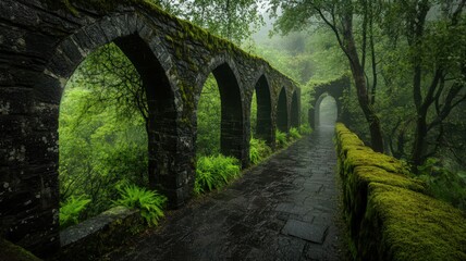Obraz premium Ancient Monastery Stone Archway with Moss Covered Walls Surrounded by Lush Greenery in Fog