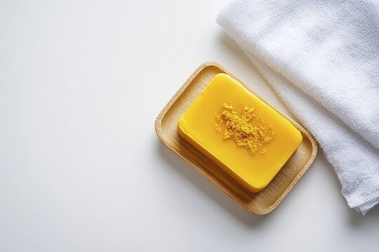 Natural handmade soap bar on wooden tray with white towel: minimalist skincare and bath essentials