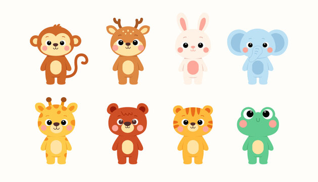 Cute Kawaii Animal Cartoon Set. Monkey, Deer, Rabbit, Elephant, Giraffe, Bear, Cat, Frog, Flat Vector Illustration
