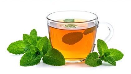 A clear glass teacup filled with tea and fresh mint sprigs on a white background