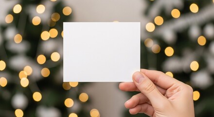 A close-up of a hand holding a rectangular blank white card mockup against a cozy, blurred Christmas tree background with warm golden bokeh lights.