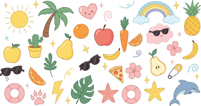 Cute summer doodle collection with fruits beach icons vector illustration playful seasonal set