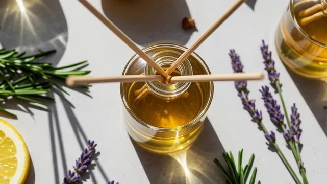Sunlit honey and herb arrangement with lavender and citrus elements