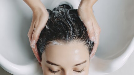 Naklejka premium Close-up of relaxing hair wash in a salon setting with gentle massage