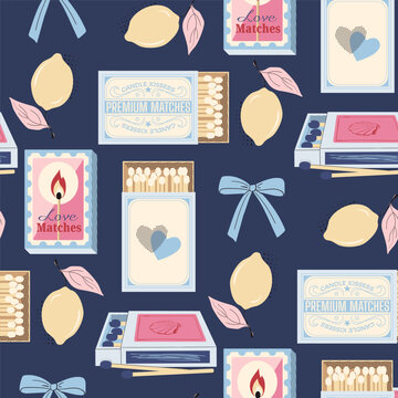 Seamless Pattern with Vintage Matchboxes and Romantic Love Matches, Coquette Aesthetic Background with Cherries and Bows for Valentine's Day, Retro Textile and Wrapping Paper Design