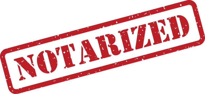 This image displays a rectangular red rubber stamp with the word NOTARIZED diagonally across a white background