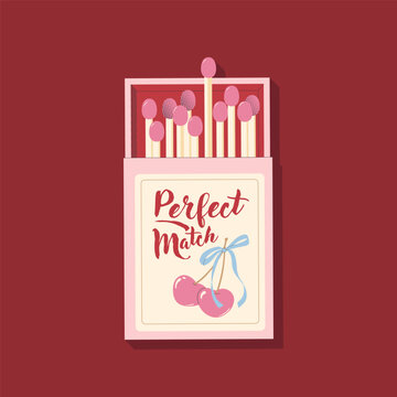 Matchbox illustration. Perfect match quote. Hand drawn vector lettering with a Love concept. Template for a card or wedding invintation.