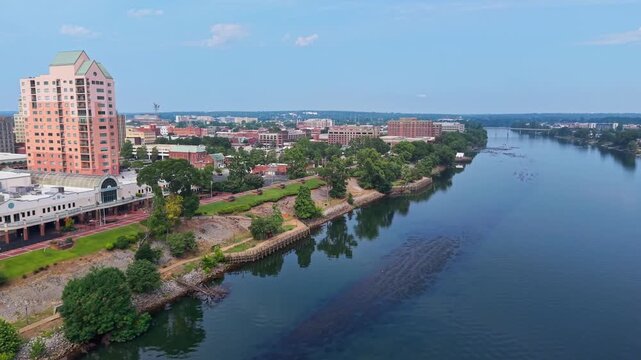 Drone view of downtown Augusta Georgia with riverfront skyline