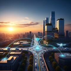 Smart city transportation network with glowing lines connecting vehicles and buildings at sunset