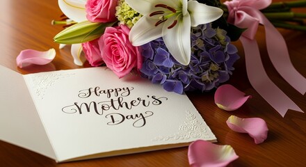 Mothering Sunday Handwritten Card and Flowers Close Up With Ribbon and Fresh Blooms