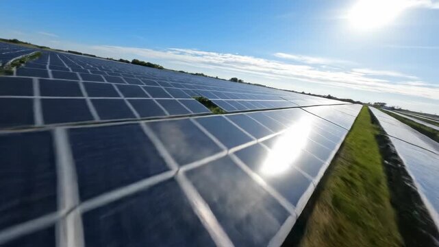 Vast solar panel array basks under bright, sunlit sky