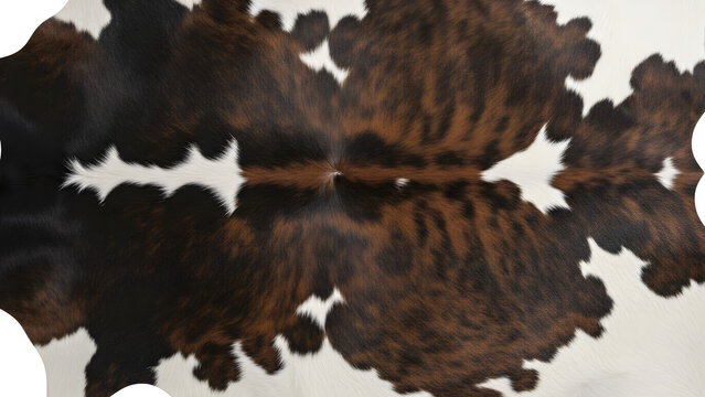 Cow hide texture background with natural black and brown patches, realistic farm animal skin pattern in high resolution detail, organic rustic surface for design and textile use