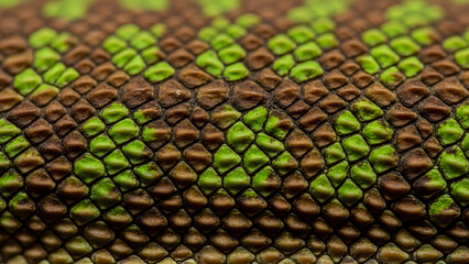 Naklejka premium Detailed green reptile scale texture forming geometric natural pattern, high resolution exotic wildlife skin background for creative surface design