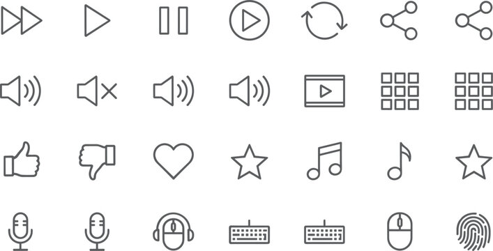 Minimal line media control and audio interface icons set with play pause volume vector illustration