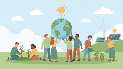 Fototapeta premium Earth Day and World Environment Day Poster Template with Volunteer Community Holding Globe, Tree Planting and Renewable Energy Flat Illustration
