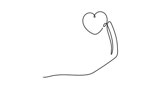 Hand with heart one line art animation, love feeling concept continuous contour drawing motion, hand-drawn, festive design romantic video Valentine's Day simple minimalist design. 4k self-drawing movi