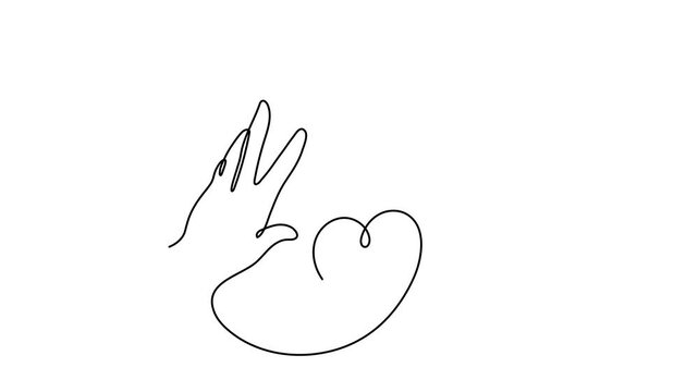 Hand with heart one line art animation, love feeling concept continuous contour drawing motion, hand-drawn, festive design romantic video Valentine's Day simple minimalist design. 4k self-drawing movi