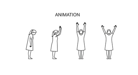 Animation sequence of a woman stretching arms up, showing movement and flexibility