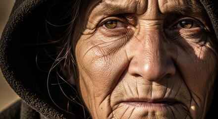 Aged woman in hood showing weathered skin texture