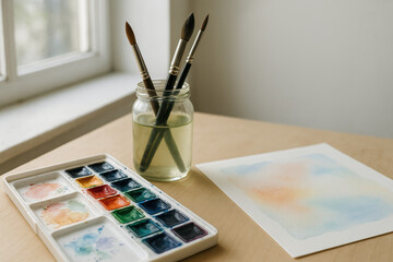 Watercolor palette with paintbrushes in jar and soft painting on paper