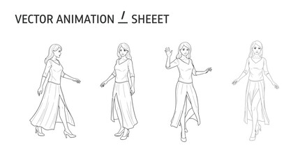 Obraz premium Vector Animation Sheet: Woman Character Poses and Movements