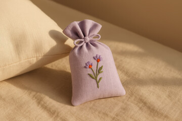 Lavender sachet sitting decorated with embroidered flowers on bedding