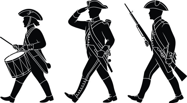 Historical military silhouettes illustration, Revolutionary War soldiers in tricorn hats, drummer, saluting officer, musket bearer, heritage artwork, commemorative concept