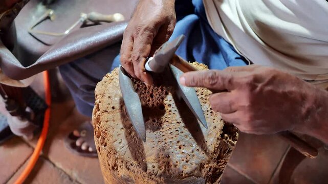 Jeweler hammering metal ring on mandrel over anvil in workshop, closeup craftsman hands shaping jewelry with hammer, traditional handmade craftsmanship concept

