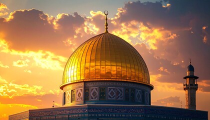 Fototapeta premium Golden Dome of the Rock at Sunset in Jerusalem.