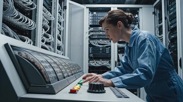 Woman in lab coat working on advanced computer system in data center with server racks and complex machinery