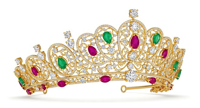 A stunning gold crown adorned with emerald and ruby jewels on a white background