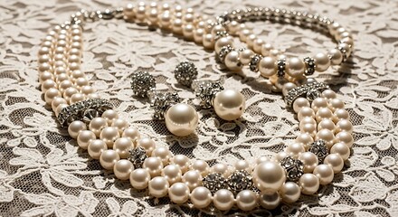 Elegant pearl and bead necklaces displayed on a lace background
