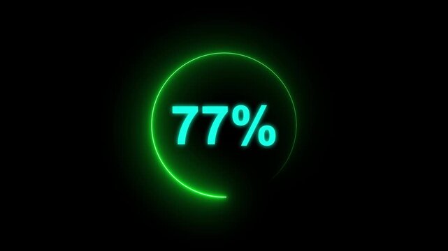 Glowing neon circle with 77 percent text icon animation light effect modern minimal clean shiny typography counter progress meter loading indicator loop seamless black background animation.
