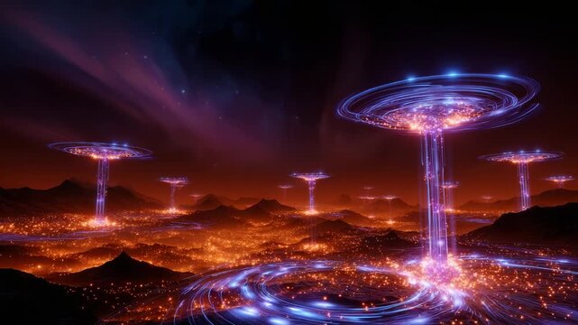 A Stunning Visual of Futuristic Energy Structures Illuminating the Night Sky Above a Distant Cityscape, Surrounded by Mountains and Vibrant Light Trails Creating a Dreamlike Atmosphere
