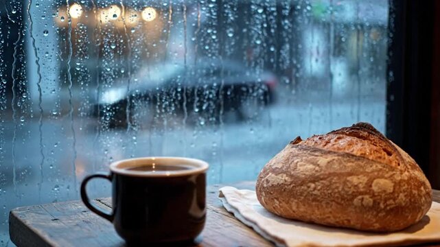Cozy coffee and bread by the rainy window on a gloomy day.