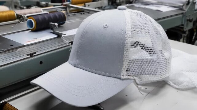Industrial sewing machines stitching cotton twill panels meticulously assembling baseball cap crowns in a highspeed textile factory setting. Closeup of polyester fabric panels