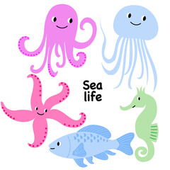 Fototapeta premium Vector illustrations of underwater inhabitants octopus, fish, jellyfish, seahorse, starfish