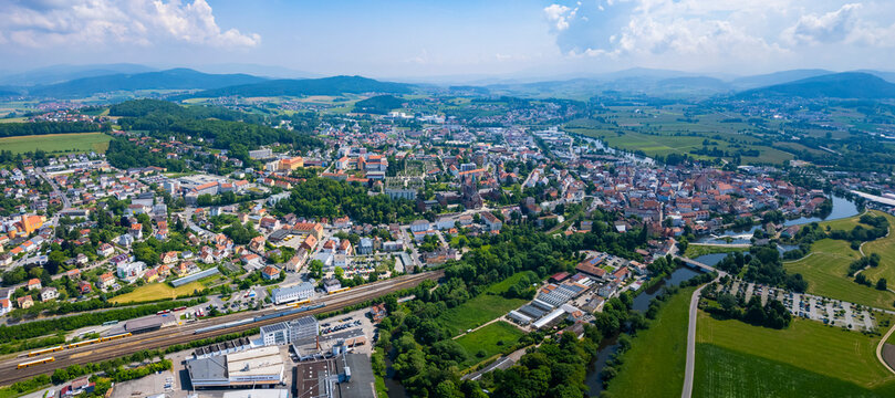 Aerial panoramic view of the city Cham  in Germany, Bavaria on a sunny spring afternoon