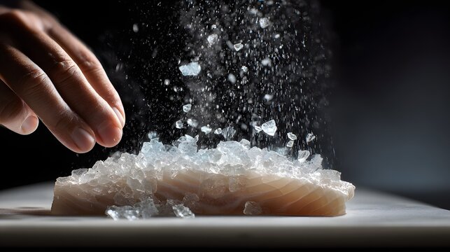 Hand sprinkling coarse salt over a piece of raw fish on a cutting board with light creating a dramatic focus on the action and texture variation. Black backdrop enhances the scene contrast