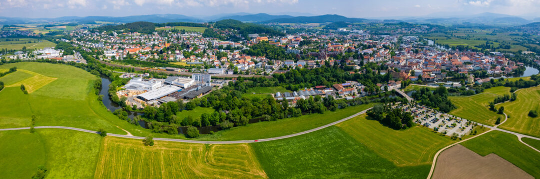 Aerial panoramic view of the city Cham  in Germany, Bavaria on a sunny spring afternoon
