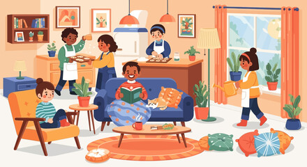 Fototapeta premium A diverse group of children and adults are engaged in various activities in a cozy, sunlit living room and kitchen area.