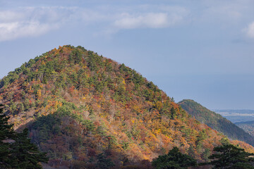 Fototapeta premium 日本 鳥取県西伯郡大山町にある豪円山のろし台から眺める風景と紅葉した木々
