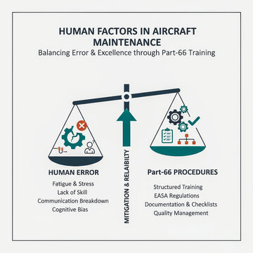  infographic balance between human error and procedural excellence in aircraft maintenance. Part-66 training and structured procedures mitigate risks to enhance reliability and safety in aviation.
