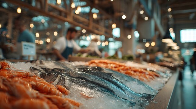 Fresh seafood displayed on ice at a bustling market. Prominent are large fish and vibrant shrimp, with vendors in the blurred background. Warm lighting highlights the freshness