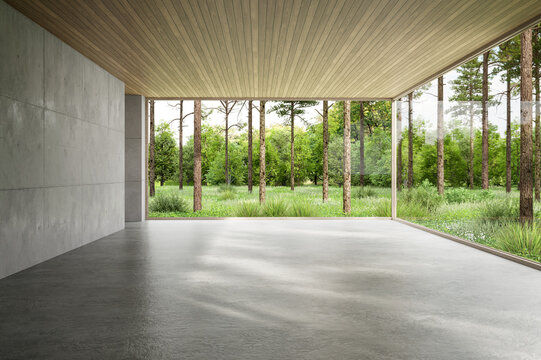 Modern loft empty room with nature view 3d render. a wooden slat ceiling, and large windows overlooking a lush green garden. Bright natural sunlight creates shadows.