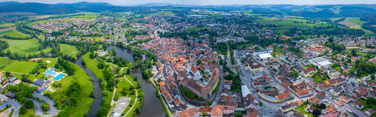 Obraz premium Aerial view of the city Neunburg vorm Wald in Germany, Bavaria on a sunny day in Spring