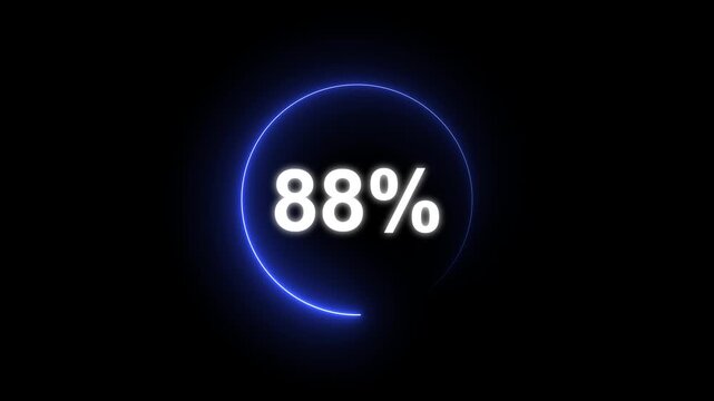 Glowing neon circle with 88 percent text icon animation light effect modern minimal clean shiny typography counter progress meter loading indicator loop seamless black background animation.