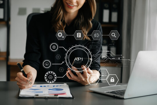 API Application Programming Interface, woman using laptop, tablet and smartphone with virtual screen API icon Software development tool, modern technology concept.