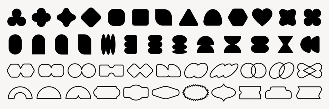 Collection of abstract black shapes and outlines. Various geometric forms, abstract designs, and creative shapes in black and white. Unique abstract shapes. Black shapes, vector element set.