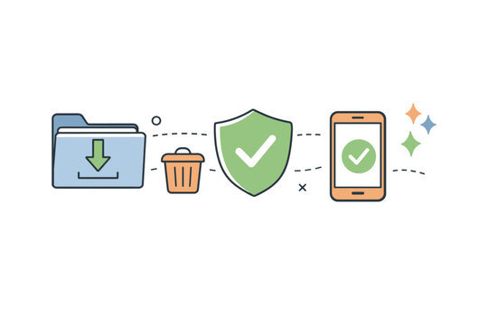 Data management and security symbols: download, delete, protection icons